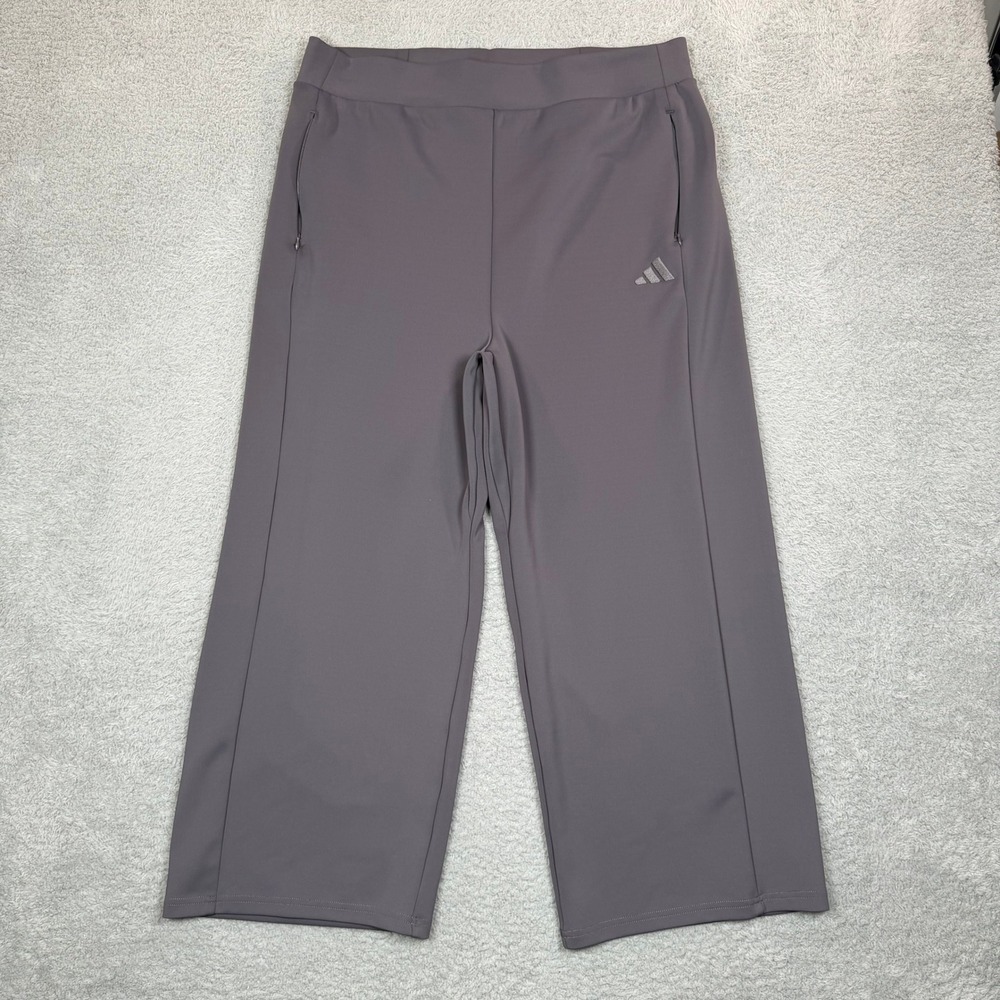Adidas Womens 2XL Gray Wide Leg Athletic Pants Zipper Pockets High Rise